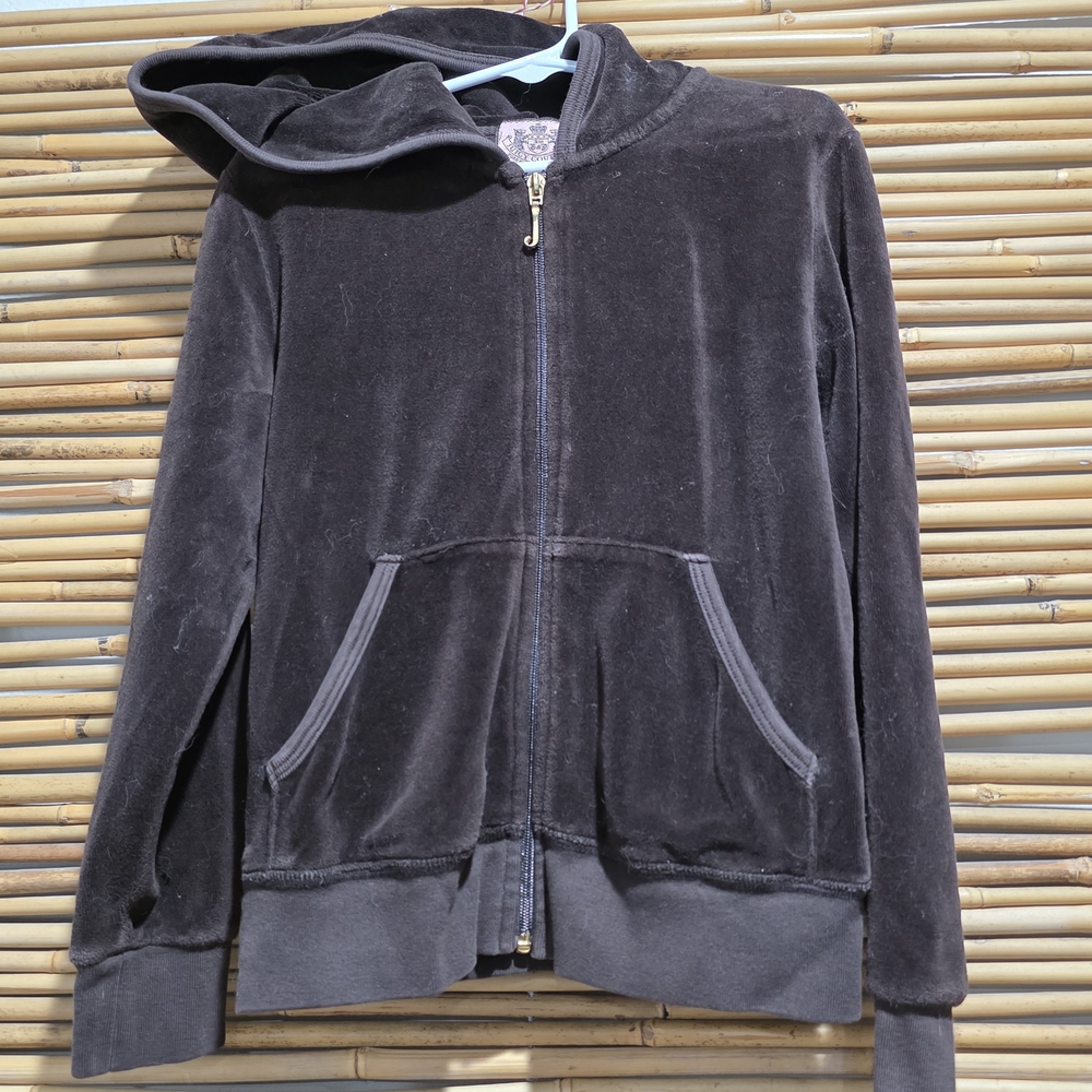 Juicy Couture Dark Brown velvet size 7 girls velour zip-up hoodie with fr